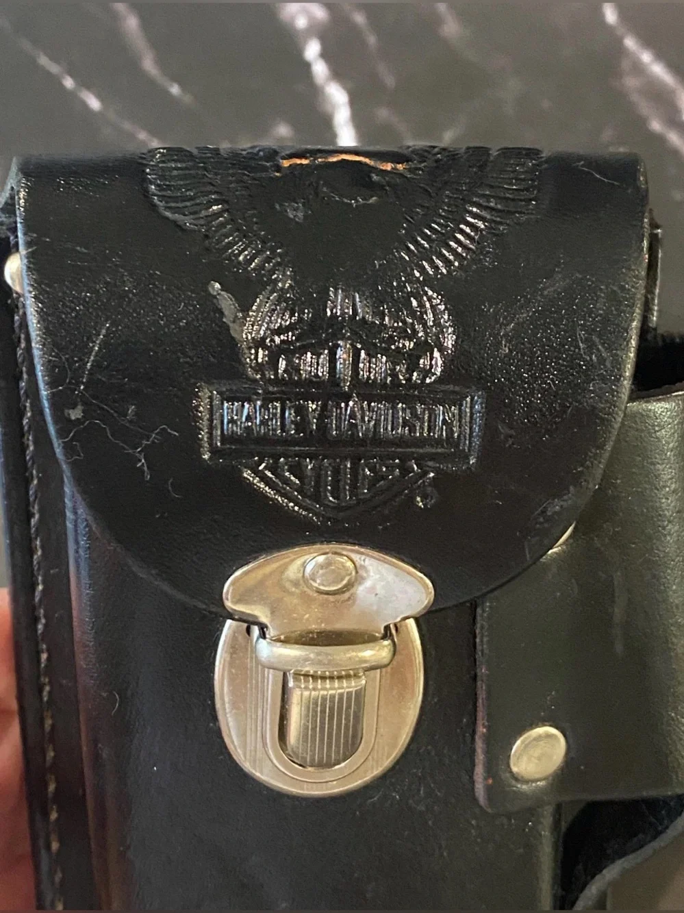 Harley-Davidson Embossed Black Leather Belt Pouch with Silver Clasp